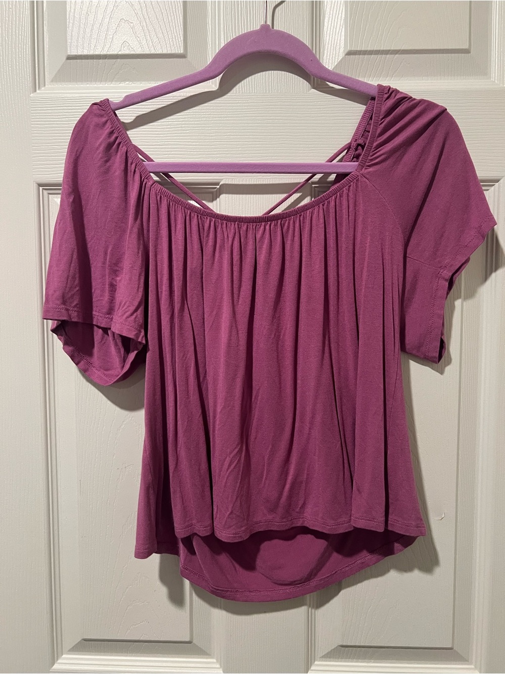 nine britton Mauve Pink Off-Shoulder Short Sleeve Blouse with Crisscross Back